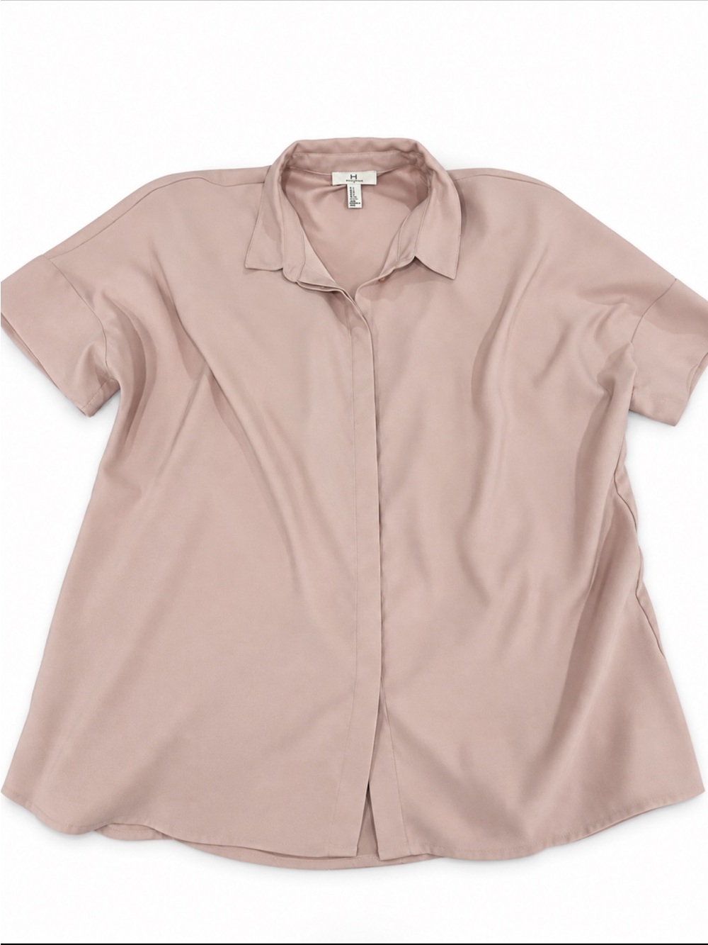 H Halston Women’s Large Dusty Blush Pink Short Sleeve Collared Blouse 25in PTP